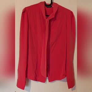 Red Long-Sleeve Tie-Neck Blouse